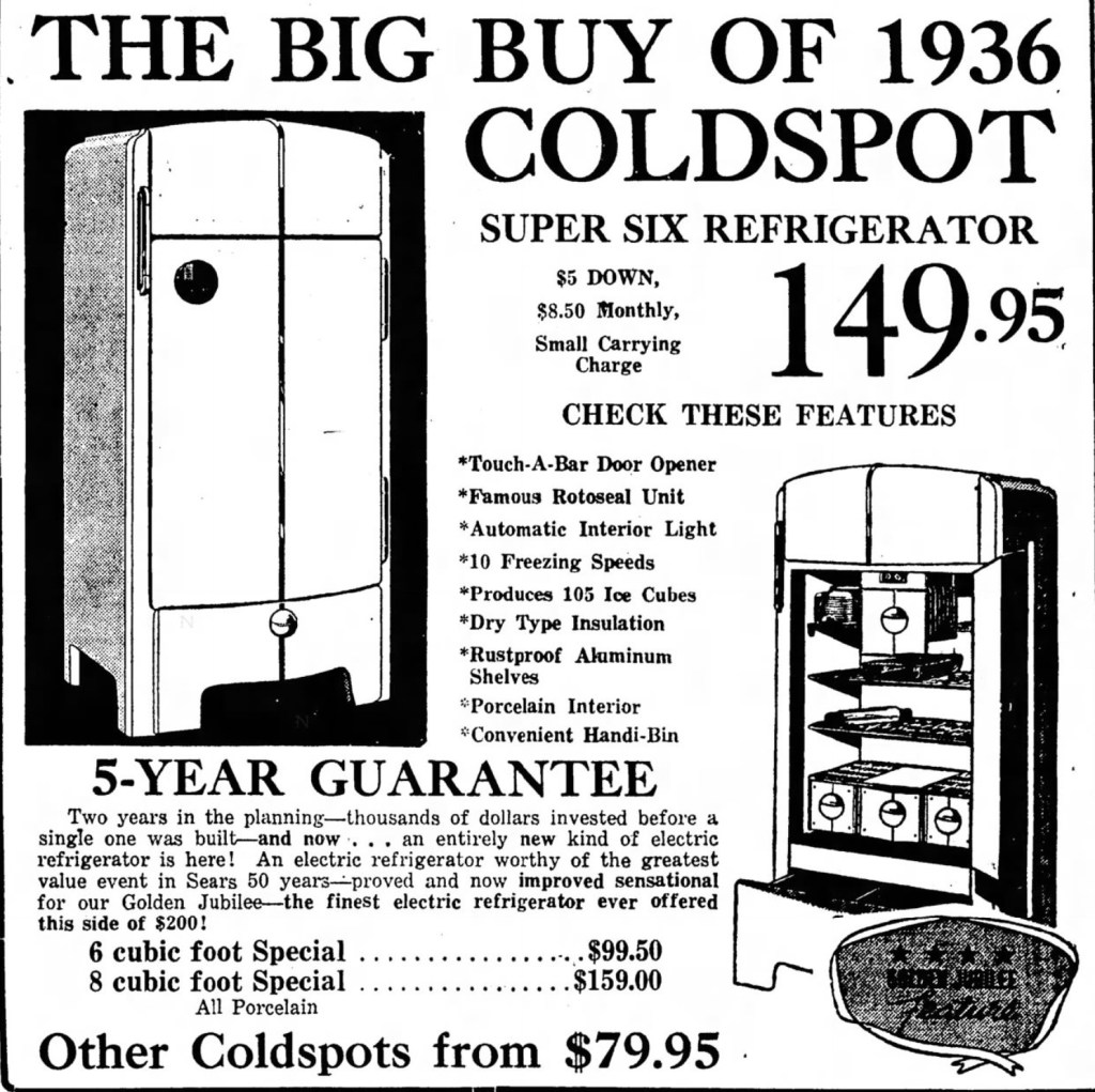 Vintage 1936 newspaper advertisement for the Coldspot Super Six Refrigerator, highlighting its advanced features, affordability, and five-year guarantee, as advertised in The Sandusky Register.